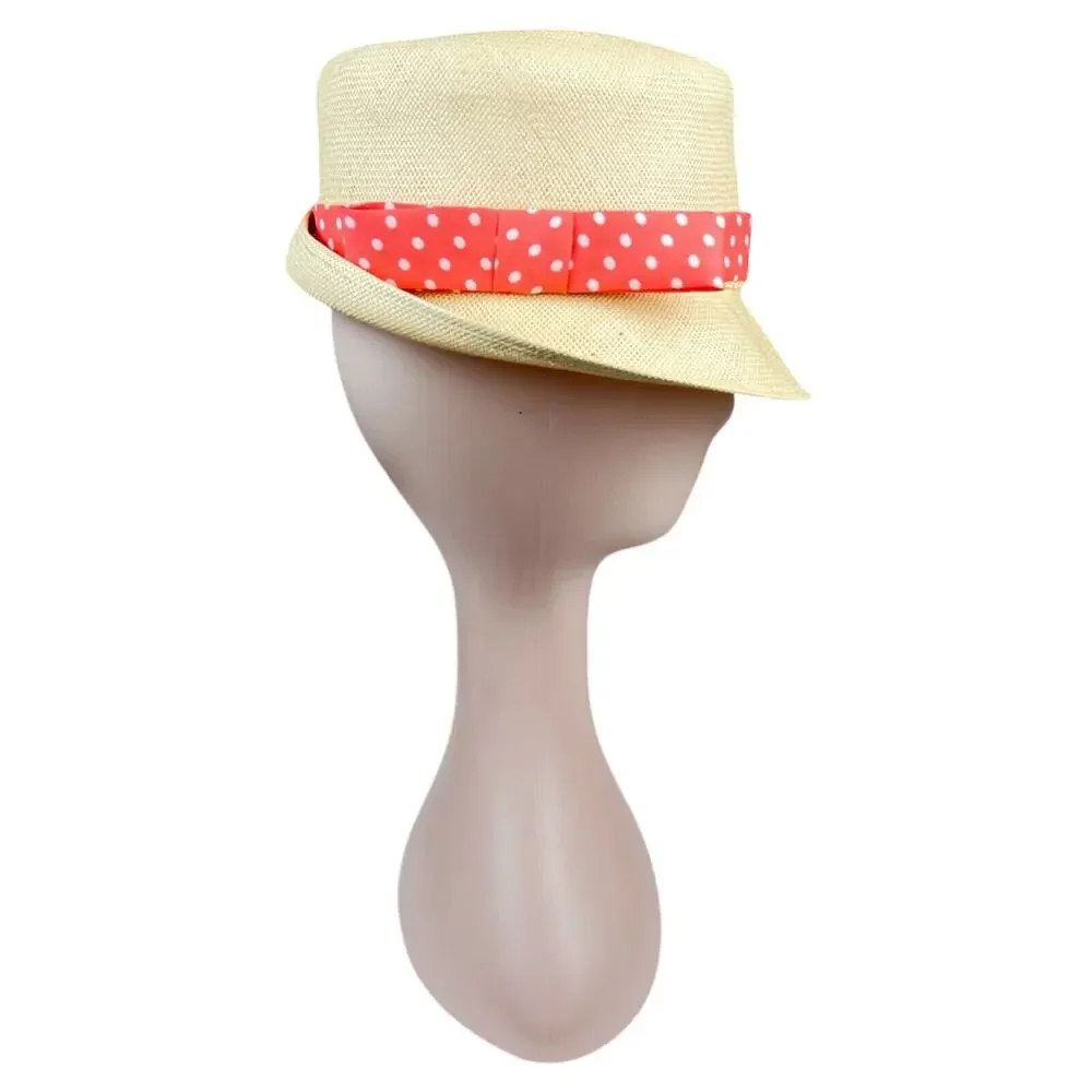 Vintage Natural Straw Fedora Hat Coral White Polka Dot Band 60s Union Made OS - Picture 2 of 9